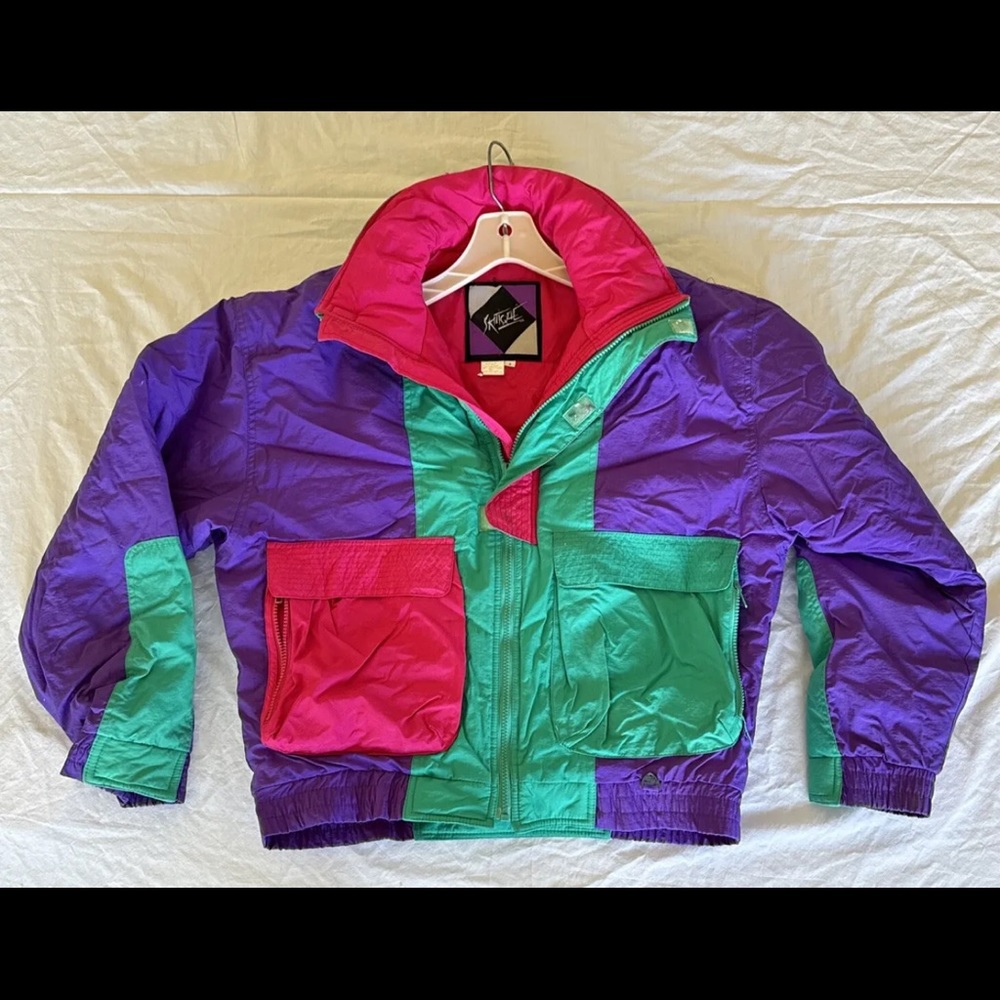 Vintage Skitique bomber jacket. Multicolored pink purple and teal. Colorful